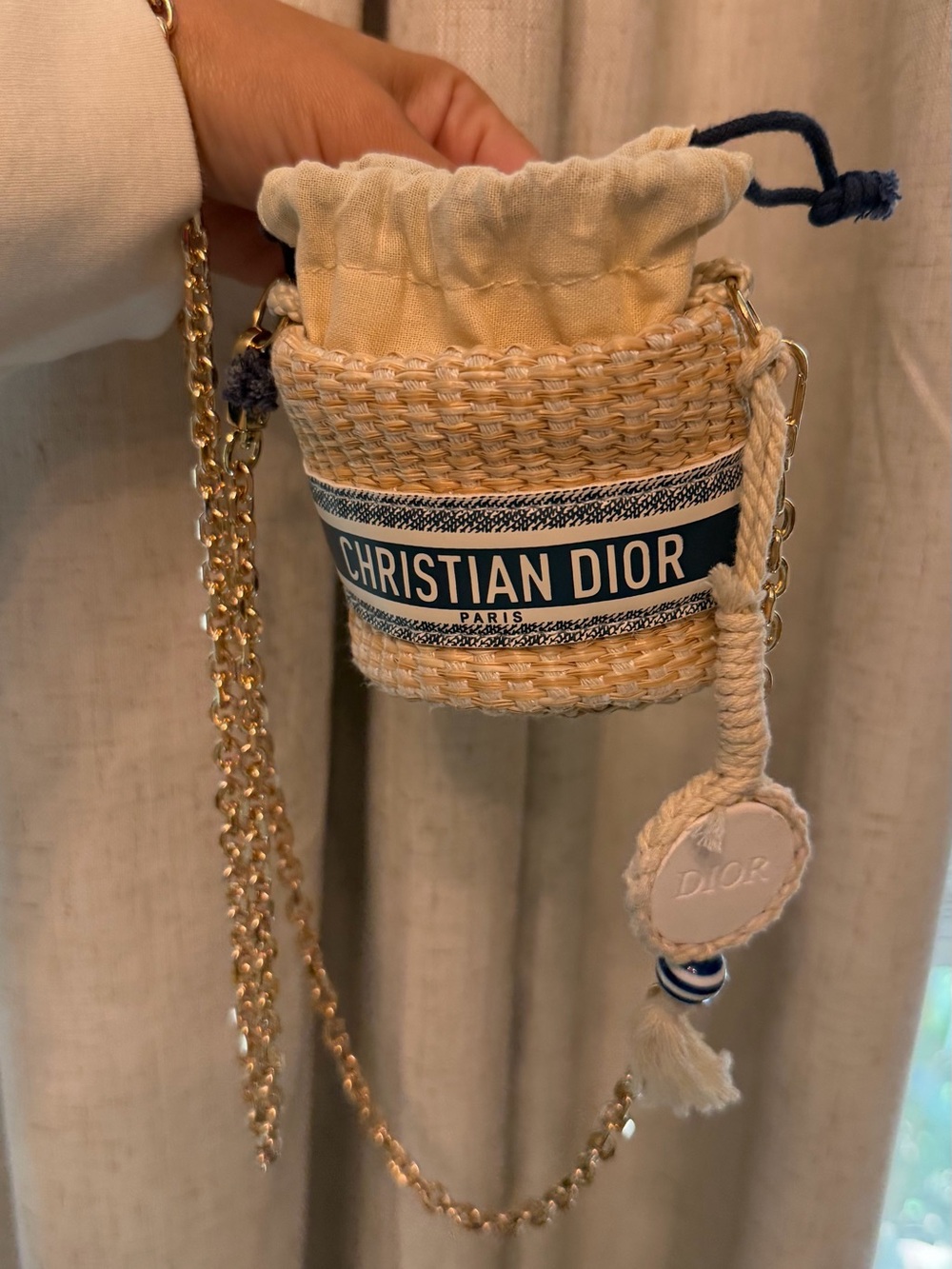 Dior Mini Raffia Bucket Bag Natural and Navy with Gold Chain and original strap - Picture 4 of 12